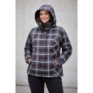 Faded Glory Womens Plaid Hooded Winter Jacket Brown Blue Fleece Lined M 8-10‎